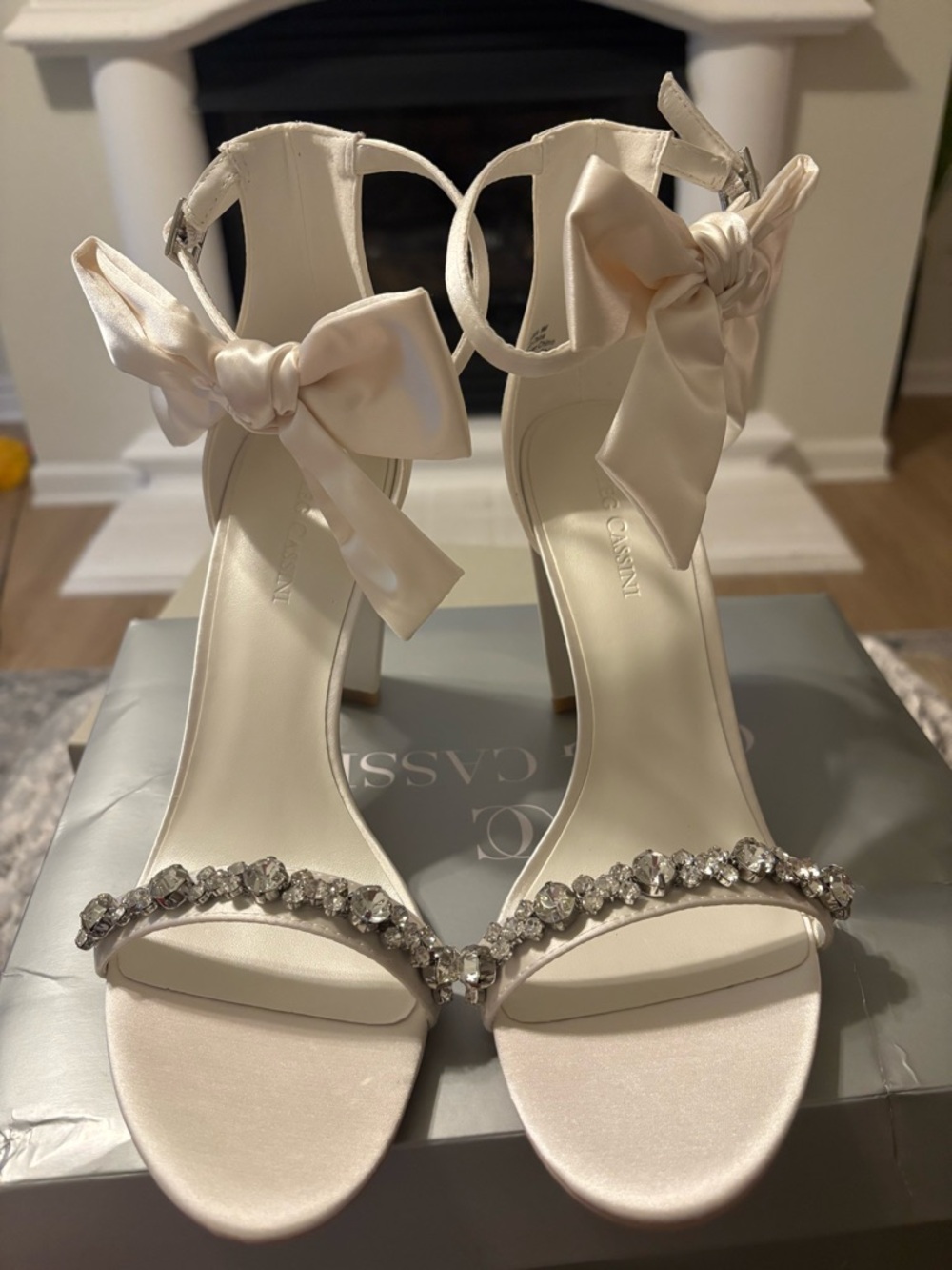 White Satin Bow Heeled Sandals with  rhinestones  Strap